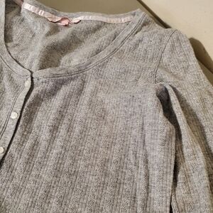 Y2k Victoria's Secret Gray Metallic Ribbed Henley Long Sleeve Top Silver Sz L